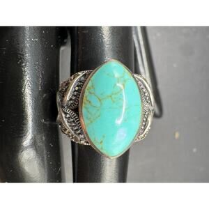 Vintage Navajo 925 Sterling Silver Turquoise & Marcasite Cocktail Ring Size 6.5